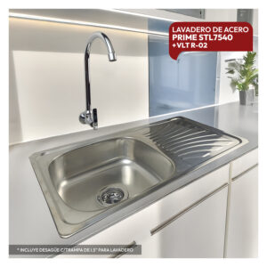 COMBO DE LAVADERO DE ACERO PRIME STL7540 + VLT R-02 RUMI + DESAGUE C/TRAMPA DE I.5" PARA LAVADERO