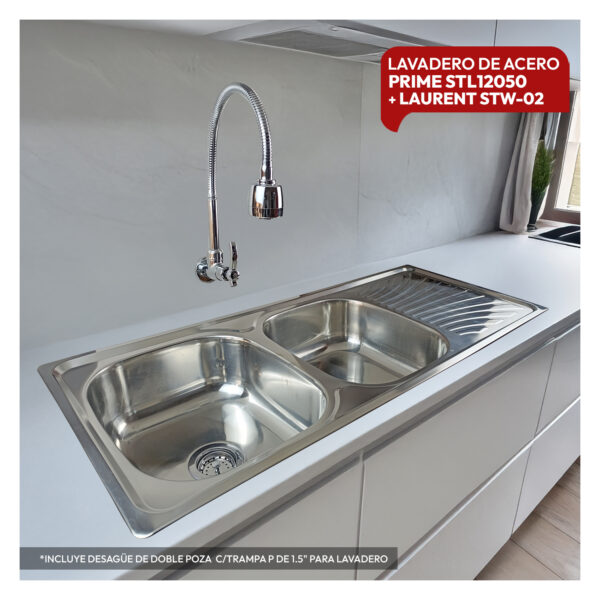 COMBO DE LAVADERO DE ACERO PRIME STL12050 STONE + LLAVE P/ LAVADERO A LA PARED LAURENT STW-02 STONE + DESAGÜE DE DOBLE POZA  C/TRAMPA P DE 1.5" PARA LAVADERO