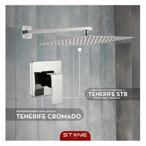 COMBO CABEZA DE DUCHA CUADRADA  8" C/ BRAZO TENERIFE ST8 + MEZCLADORA DE DUCHA CROMADO