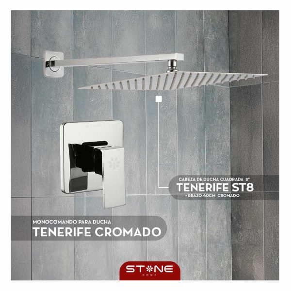COMBO CABEZA DE DUCHA CUADRADA  8" C/ BRAZO TENERIFE ST8 + MEZCLADORA DE DUCHA CROMADO