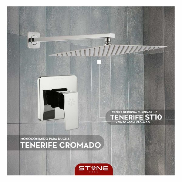 COMBO CABEZA DE DUCHA CUADRADA  10" C/ BRAZO TENERIFE ST10 + MEZCLADORA DE DUCHA CROMADO