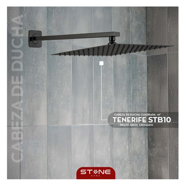 CABEZA DE DUCHA CUADRADA  10" TENERIFE STB10 + BRAZO 40CM BLACK