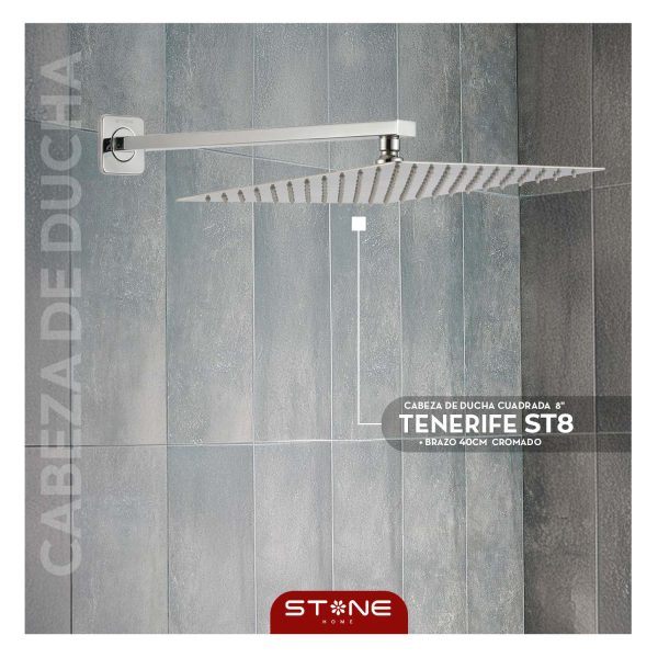 CABEZA DE DUCHA CUADRADA  8" TENERIFE ST8 + BRAZO 40CM