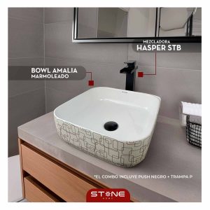 COMBO MEZCLADORA HASPER STB + BOWL AMALIA MARMOLEADO+ PUSH NEGRO + TRAMPA P