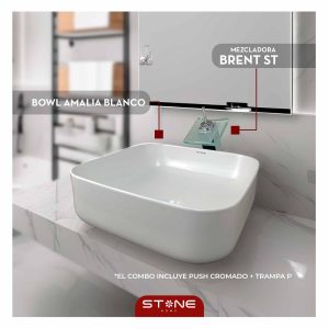 COMBO MEZCLADORA BRENT ST + BOWL AMALIA BLANCO + PUSH CROMADO + TRAMPA P
