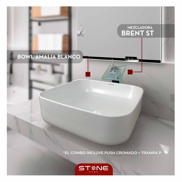 COMBO MEZCLADORA BRENT ST + BOWL AMALIA BLANCO + PUSH CROMADO + TRAMPA P