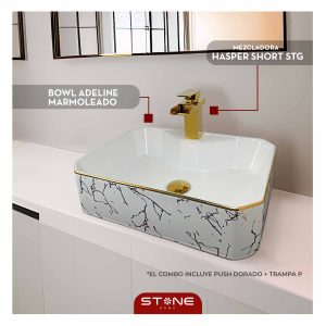 COMBO MEZCLADORA HASPER SHORT STG + BOWL ADELINE MARMOLEADO + PUSH DORADO + TRAMPA P