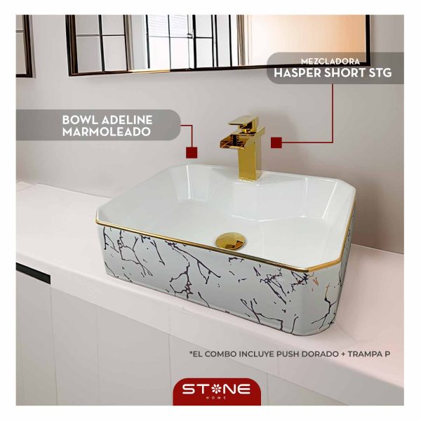 COMBO MEZCLADORA HASPER SHORT STG + BOWL ADELINE MARMOLEADO + PUSH DORADO + TRAMPA P