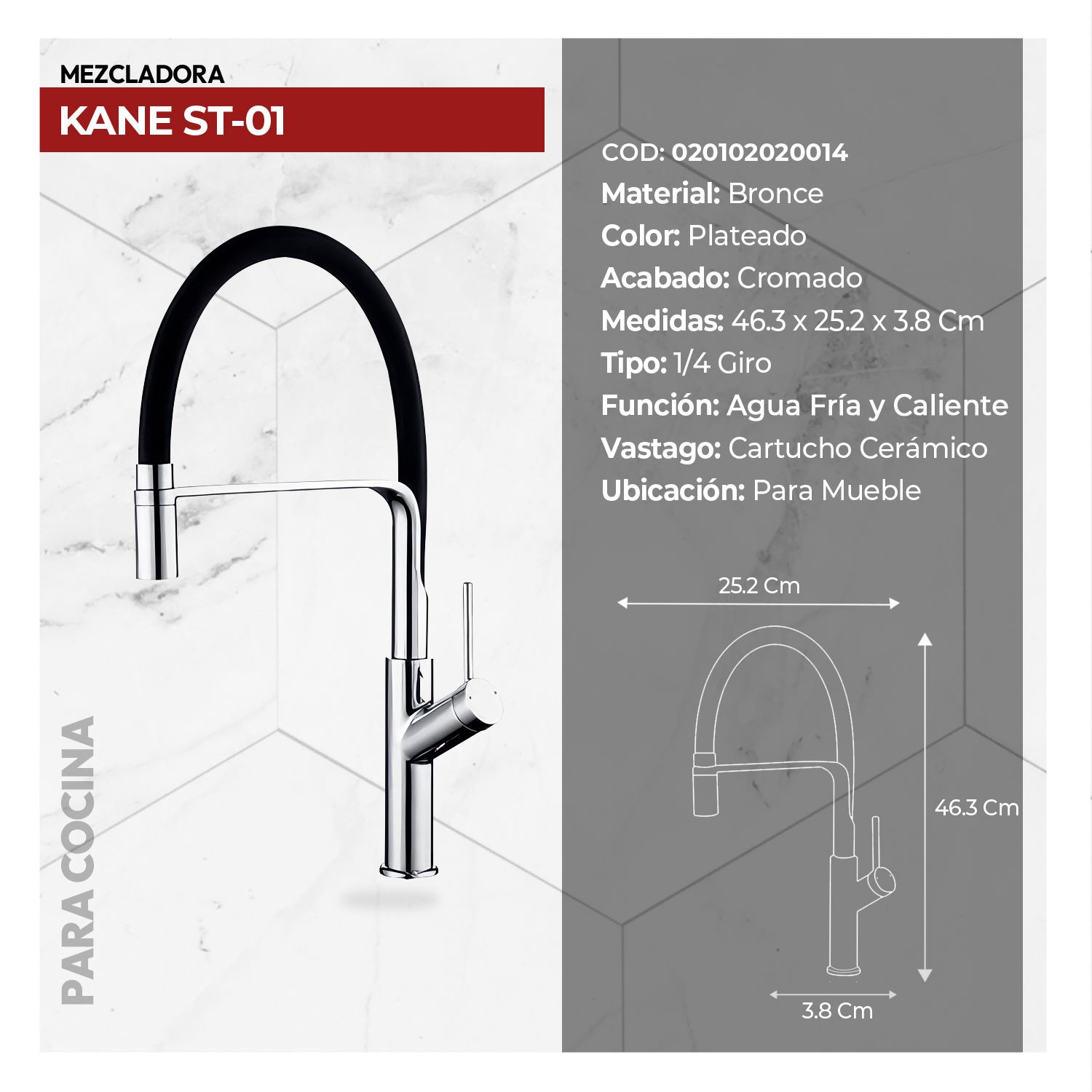MEZCLADORA MONOCOMANDO P/COCINA KANE STT-01 - Imagen 2