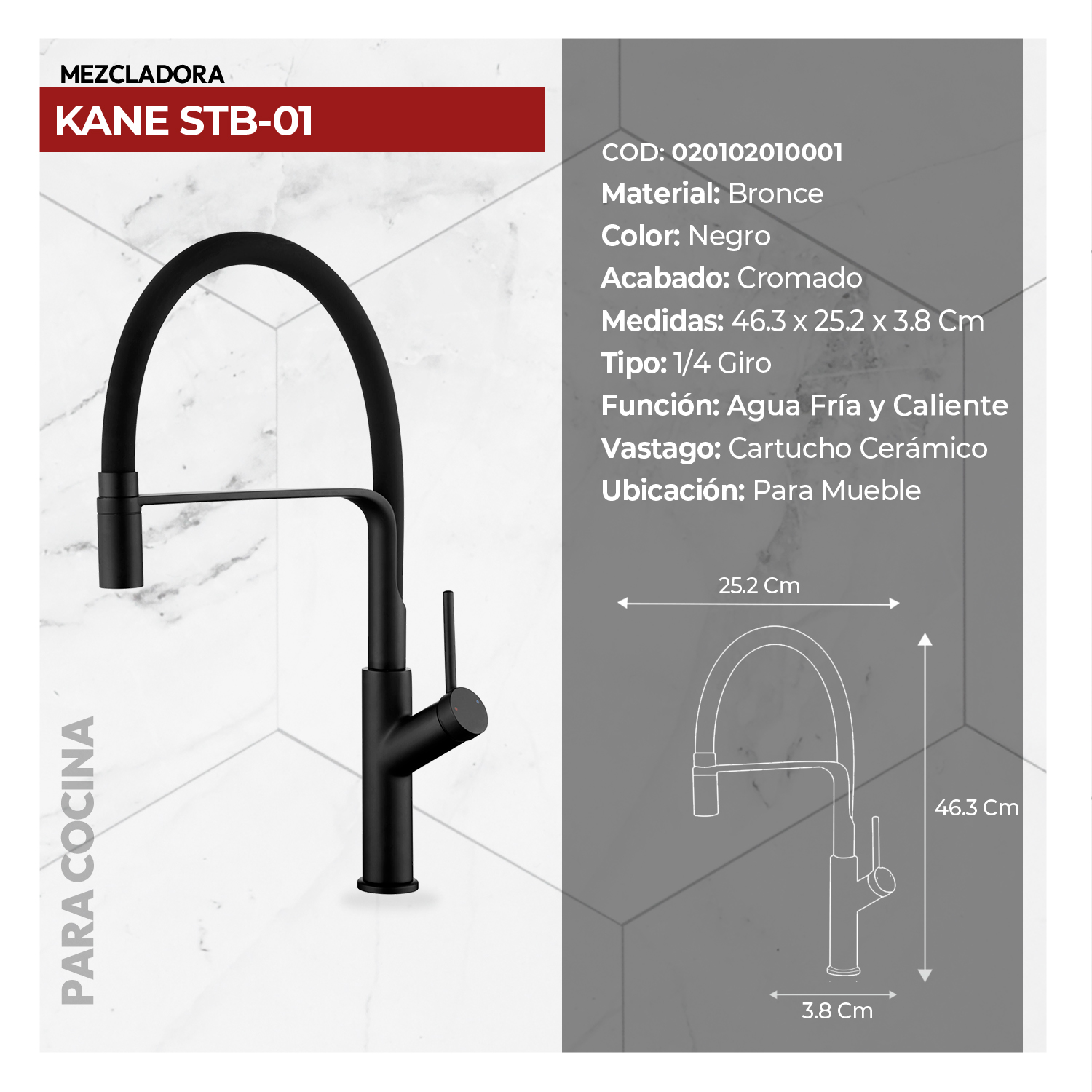 MEZCLADORA MONOCOMANDO P/COCINA KANE STTB-01 - Imagen 2