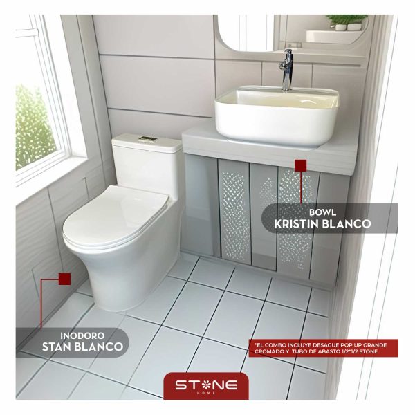 COMBO DE INODORO ONE PIECE STAN BLANCO + BOWL KRISTIN BLANCO STONE + DESAGUE POP UP GRANDE P/BOWL CROMADO + TUBO DE ABASTO 1/2*1/2 STONE