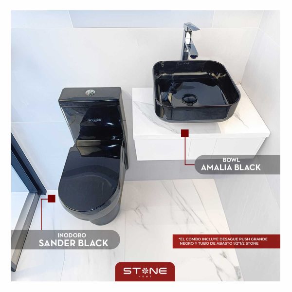 COMBO DE  INODORO ONE PIECE SANDER BLACK + BOWL MINIMALISTA AMALIA BLACK STONE+PUSH GRANDE P/BOWL BLACK + TUBO DE ABASTO 1/2*1/2 STONE - Imagen 2