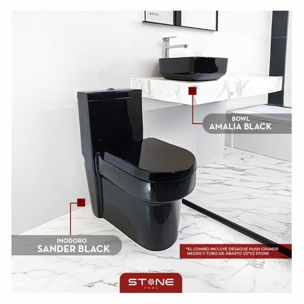 COMBO DE  INODORO ONE PIECE SANDER BLACK + BOWL MINIMALISTA AMALIA BLACK STONE+PUSH GRANDE P/BOWL BLACK + TUBO DE ABASTO 1/2*1/2 STONE