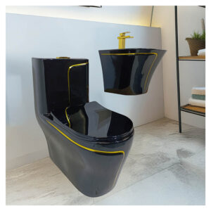 INODORO MINIMALISTA HANK REDONDO NEGRO C/ DORADO STONE + LAVATORIO SEMI-STANDING ROLI NEGRO C/ DORADO STONE + DESAGUE PUP UP P/BOWL  DORADO + TUBO DE ABASTO 1/2*1/2 STONE