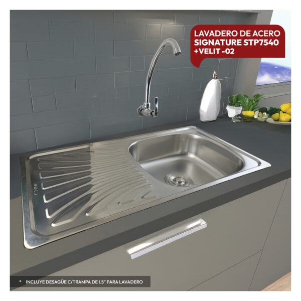 COMBO LAVADERO DE ACERO SIGNATURE STP7540 + VELIT-02 + DESAGUE C/TRAMPA DE I.5" PARA LAVADERO