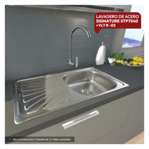 COMBO LAVADERO DE ACERO SIGNATURE STP7540 + VLT R-02 + DESAGÜE C/TRAMPA DE I.5" PARA LAVADERO