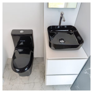 COMBO DE  INODORO ONE PIECE MINIMALISTA NOOR NEGRO + BOWL AMALIA NEGRO STONE+ DESAGUE PUP UP GRANDE P/BOWL BLACK