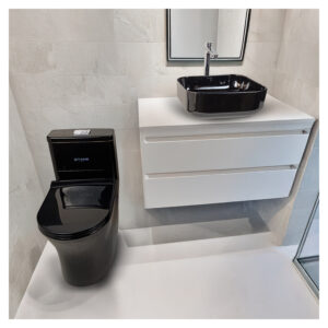 COMBO DE  INODORO ONE PIECE MINIMALISTA STAN NEGRO+ BOWL MINIMALISTA AMALIA NEGRO + DESAGUE PUP UP GRANDE P/BOWL BLACK