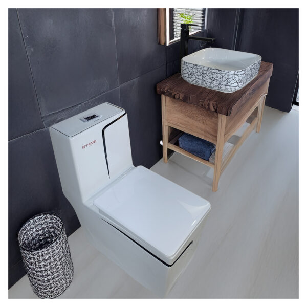 COMBO DE  INODORO ONE PIECE MINIMALISTA HANK CUADRADO BLANCO+ BOWLCUADRADO AMALIA LINE + DESAGUE PUP UP GRANDE P/BOWL BLACK - Imagen 2