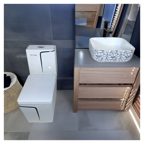 COMBO DE  INODORO ONE PIECE MINIMALISTA HANK CUADRADO BLANCO+ BOWLCUADRADO AMALIA LINE + DESAGUE PUP UP GRANDE P/BOWL BLACK
