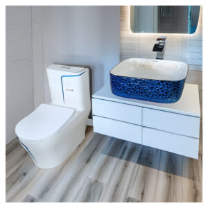 COMBO DE INODORO MINIMALISTA HANK REDONDO BLANCO C/ AZUL STONE + BOWL AMALIA OCCEAN + DESAGUE PUP UP GRANDE P/BOWL + TUBO DE ABASTO 1/2*1/2 STONE