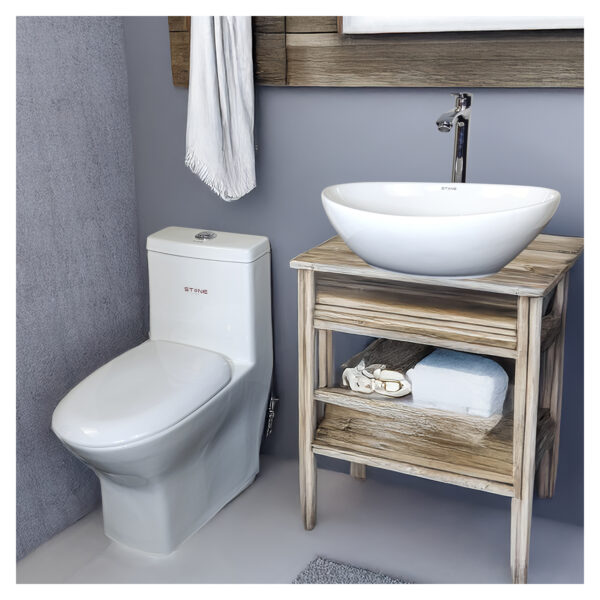 COMBO DE  INODORO ONE PIECE NOOR BLANCO + BOWL  HANNA BLANCO STONE+ DESAGUE PUP UP GRANDE P/BOWL  CROMADO + TUBO DE ABASTO 1/2*1/2 STONE - Imagen 2
