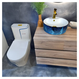 COMBO DE INODORO MINIMALISTA HANK REDONDO BLANCO C/ AZUL STONE + BOWL LAURE AGUAMARINA + DESAGUE PUP UP GRANDE P/BOWL + TUBO DE ABASTO 1/2*1/2 STONE