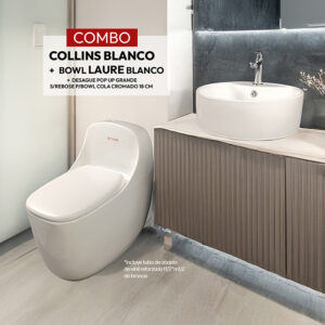 COMBO DE INODORO COLLINS BLANCO + BOWL LAURE BLANCO + DESAGUE POP UP GRANDE S/REBOSE P/BOWL COLA CROMADO 18 CM  (INCLUYE TUBO DE ABASTO DE VINIL REFORZADO F1/2*M1/2 BRONCE  STONE)