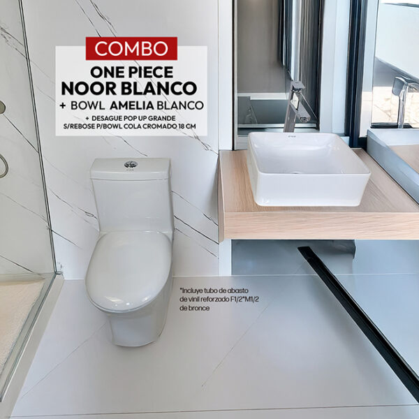 COMBO DE INODORO ONE PIECE NOOR BLANCO + BOWL AMELIA BLANCO STONE+ DESAGUE PUP UP GRANDE P/BOWL CROMADO (INCLUYE TUBO DE ABASTO DE VINIL REFORZADO F1/2*M1/2 BRONCE  STONE)