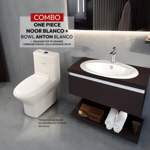 COMBO DE  INODORO ONE PIECE NOOR BLANCO + BOWL  ANTON BLANCO STONE+ DESAGUE POP UP GRANDE S/REBOSE P/BOWL COLA CROMADO 18 CM  (INCLUYE TUBO DE ABASTO DE VINIL REFORZADO F1/2*M1/2 BRONCE  STONE)