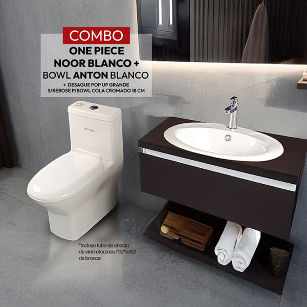 COMBO DE  INODORO ONE PIECE NOOR BLANCO + BOWL  ANTON BLANCO STONE+ DESAGUE POP UP GRANDE S/REBOSE P/BOWL COLA CROMADO 18 CM  (INCLUYE TUBO DE ABASTO DE VINIL REFORZADO F1/2*M1/2 BRONCE  STONE)