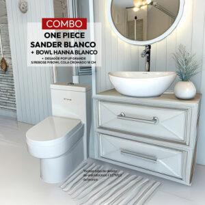 COMBO DE INODORO ONE PIECE SANDER BLANCO + BOWL HANNA BLANCO STONE+ DESAGUE POP UP GRANDE S/REBOSE P/BOWL COLA CROMADO 18 CM (INCLUYE TUBO DE ABASTO DE VINIL REFORZADO F1/2*M1/2 BRONCE  STONE)