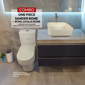 COMBO DE INODORO ONE PIECE SANDER BONE + BOWL AMALIA BONE STONE+ DESAGUE POP UP GRANDE S/REBOSE P/BOWL COLA CROMADO 18 CM (INCLUYE TUBO DE ABASTO DE VINIL REFORZADO F1/2*M1/2 BRONCE  STONE)