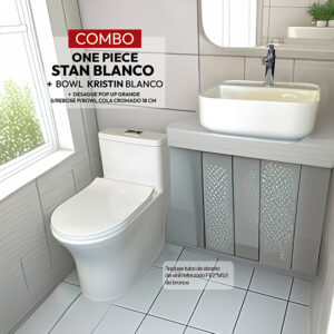 COMBO DE  INODORO ONE PIECE STAN BLANCO + BOWL  KRISTIN BLANCO STONE+ DESAGUE PUP UP GRANDE P/BOWL  CROMADO (INCLUYE TUBO DE ABASTO DE VINIL REFORZADO F1/2*M1/2 BRONCE  STONE)