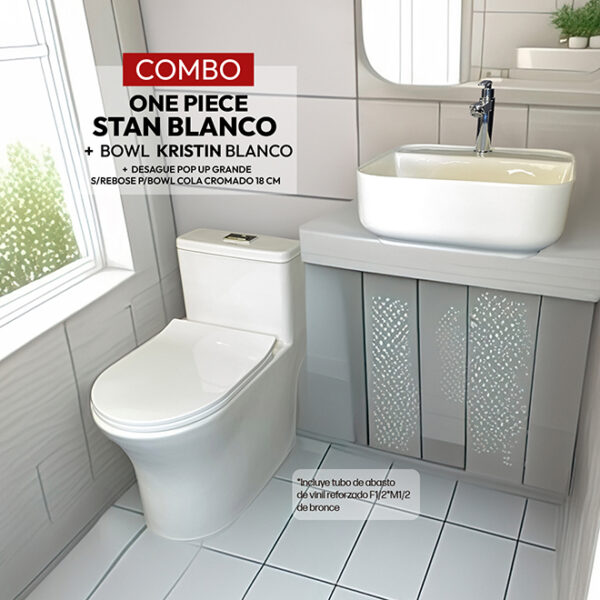 COMBO DE  INODORO ONE PIECE STAN BLANCO + BOWL  KRISTIN BLANCO STONE+ DESAGUE PUP UP GRANDE P/BOWL  CROMADO (INCLUYE TUBO DE ABASTO DE VINIL REFORZADO F1/2*M1/2 BRONCE  STONE)