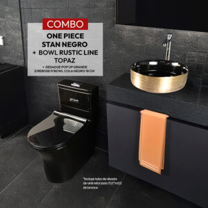 COMBO DE INODORO ONE PIECE STAN NEGRO STONE + RUSTIC LINE TOPAZ STONE + DESAGUE POP UP GRANDE S/REBOSE P/BOWL COLA NEGRO 18 CM  (INCLUYE TUBO DE ABASTO DE VINIL REFORZADO F1/2*M1/2 BRONCE  STONE)