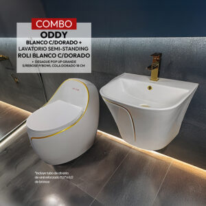 COMBO ODDY BLANCO C/DORADO + LAVATORIO SEMI-STANDING ROLI BLANCO C/DORADO + DESAGUE POP UP GRANDE S/REBOSE P/BOWL DORADO 18CM  (INCLUYE TUBO DE ABASTO DE VINIL REFORZADO F1/2*M1/2 BRONCE  STONE)