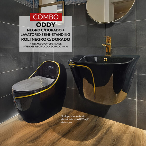 COMBO ODDY NEGRO C/DORADO + LAVATORIO SEMI-STANDING ROLI NEGRO C/ DORADO + DESAGUE POP UP GRANDE S/REBOSE P/BOWL DORADO 18CM (INCLUYE TUBO DE ABASTO DE VINIL REFORZADO F1/2*M1/2 BRONCE  STONE)