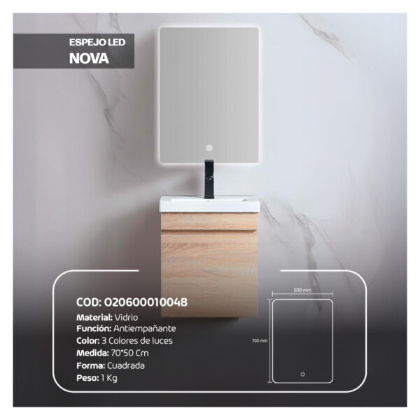 ESPEJO CUADRADO  LED TACTIL NOVA 70X50CM  STONE - Imagen 2