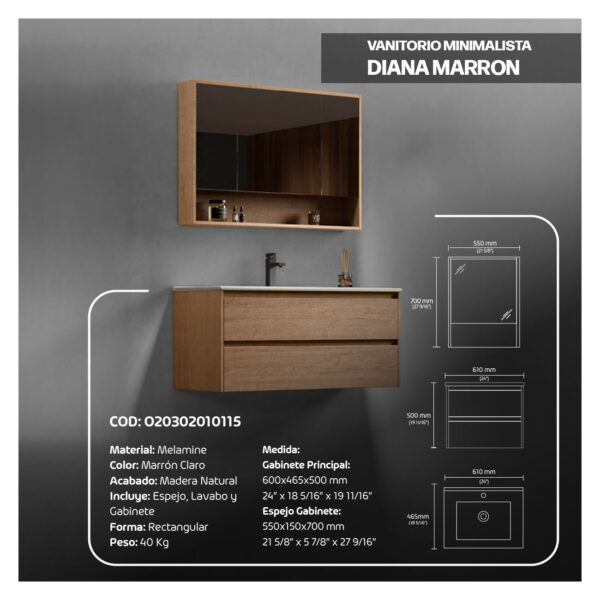 VANITORIO MINIMALISTA DIANA  600X465X500 MARRON STONE - Imagen 2