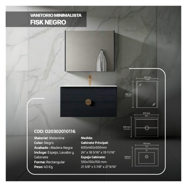 VANITORIO MINIMALISTA FISK 600X465X500 NEGRO  STONE - Imagen 2