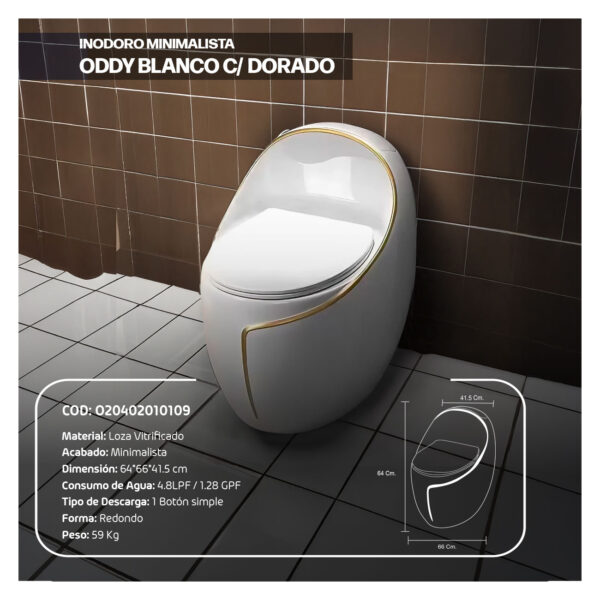 INODORO MINIMALISTA ODDY BLANCO C/DORADO STONE + TUBO DE ABASTO STONE 1/2"1/2 - Imagen 2