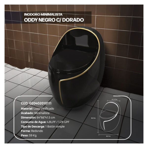 INODORO MINIMALISTA ODDY NEGRO C/DORADO STONE + TUBO DE ABASTO STONE 1/2"1/2 - Imagen 2