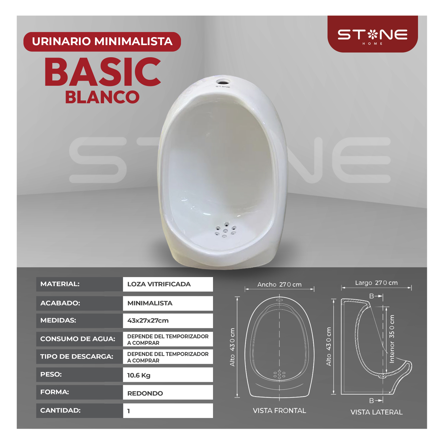 URINARIO MINIMALISTA BLANCO STONE - Imagen 2