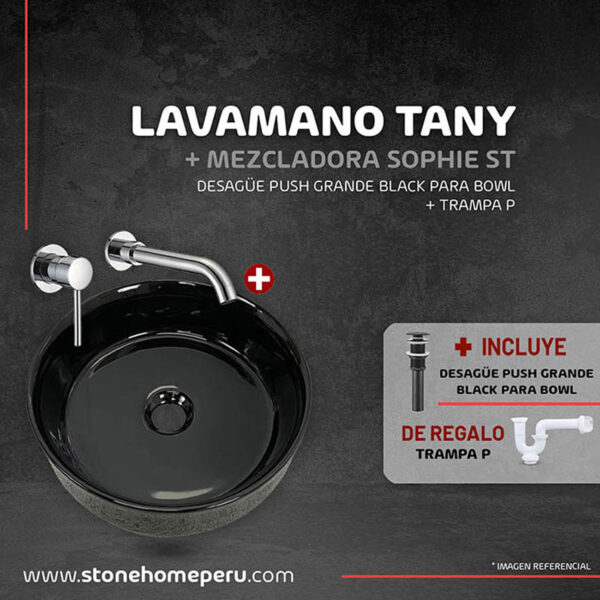 BOWL REDONDO TANY  NEGRO STONE + MEZCLADORA SOPHIE ST + DESAGUE POP UP GRANDE BLACK S/REBOSE P/BOWL 23 CM + TARMPA P STONE