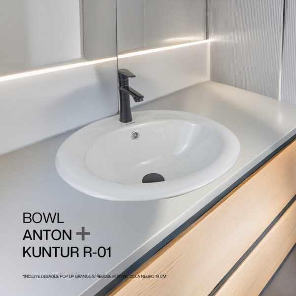COMBO BOWL ANTON  STONE + KUNTUR R-01 + DESAGUE POP UP GRANDE S/REBOSE P/BOWL COLA NEGRO 18CM
