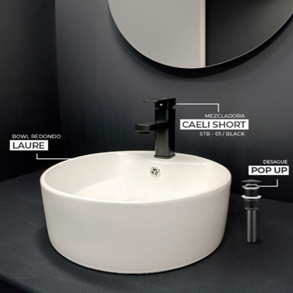 COMBO BOWL LAURE + MEZCLADORA AL MUEBLE CAELI SHORT STB-01 BLACK STONE + DESAGUE POP UP GRANDE BLACK S/REBOSE P/BOWL 23 CM Y TRAMPA P STONE