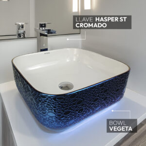 COMBO BOWL VEGETA + HASPER ST + DESAGÜE POP UP GRANDE S/REBOSE P/BOWL COLA CROMADO 18CM