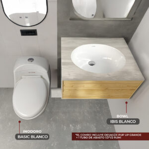 COMBO DE INODORO ONE PIECE BASIC BLANCO + BOWL IBIS BLANCO STONE *INCLUYE DESAGUE PUP UP GRANDE P/BOWL + 1 TUBO DE ABASTO 1/2*1/2 RUMI