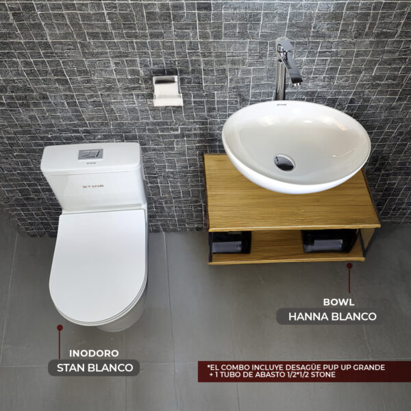 COMBO DE INODORO ONE PIECE STAN BLANCO + BOWL HANNA BLANCO STONE     *INCLUYE DESAGÜE POP UP GRANDE P/BOWL + 1 TUBO DE ABASTO 1/2*1/2 STONE
